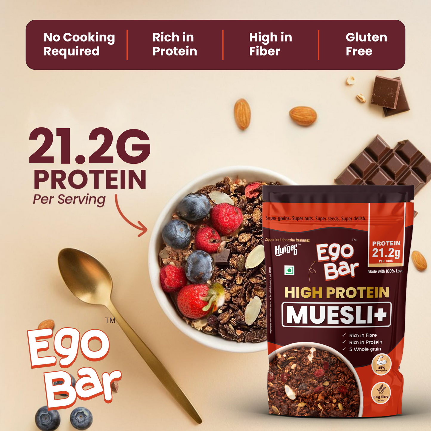 Hunger 0 Ego Bar™ High Protein Muesli | No Added Sugar | High Fiber Energy Breakfast