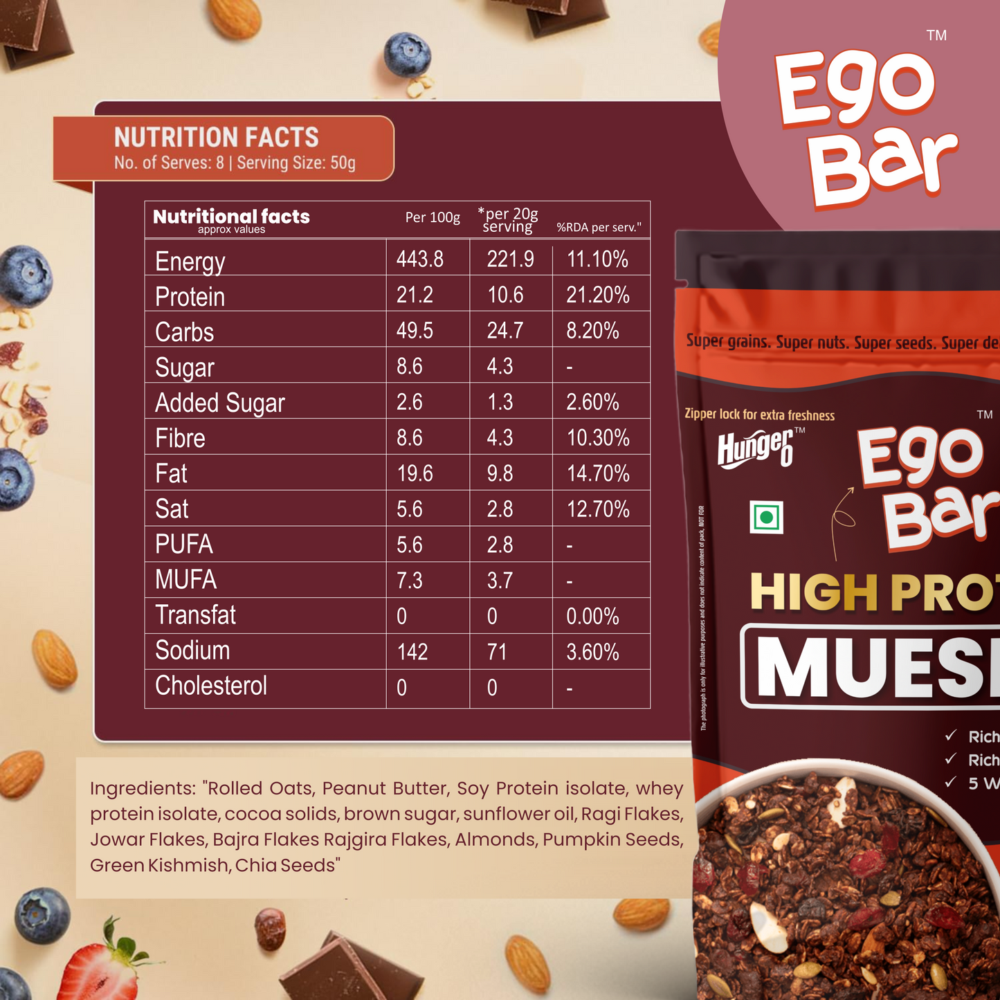 Hunger 0 Ego Bar™ High Protein Muesli | No Added Sugar | High Fiber Energy Breakfast