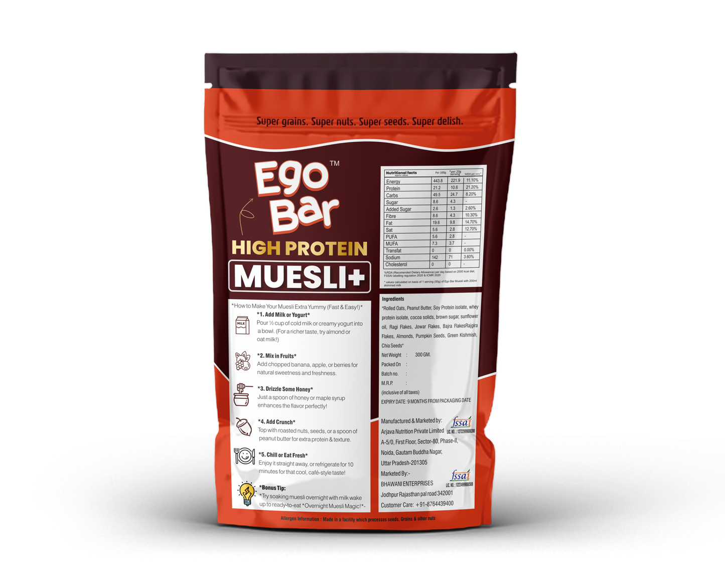 Hunger 0 Ego Bar™ High Protein Muesli | No Added Sugar | High Fiber Energy Breakfast
