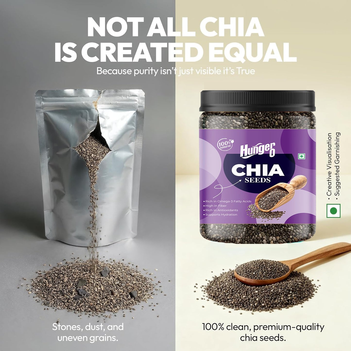 Hunger 0 Chia Seeds Premium Quality | Raw & Natural | Rich in Fiber, Protein & Omega-3 Superfood